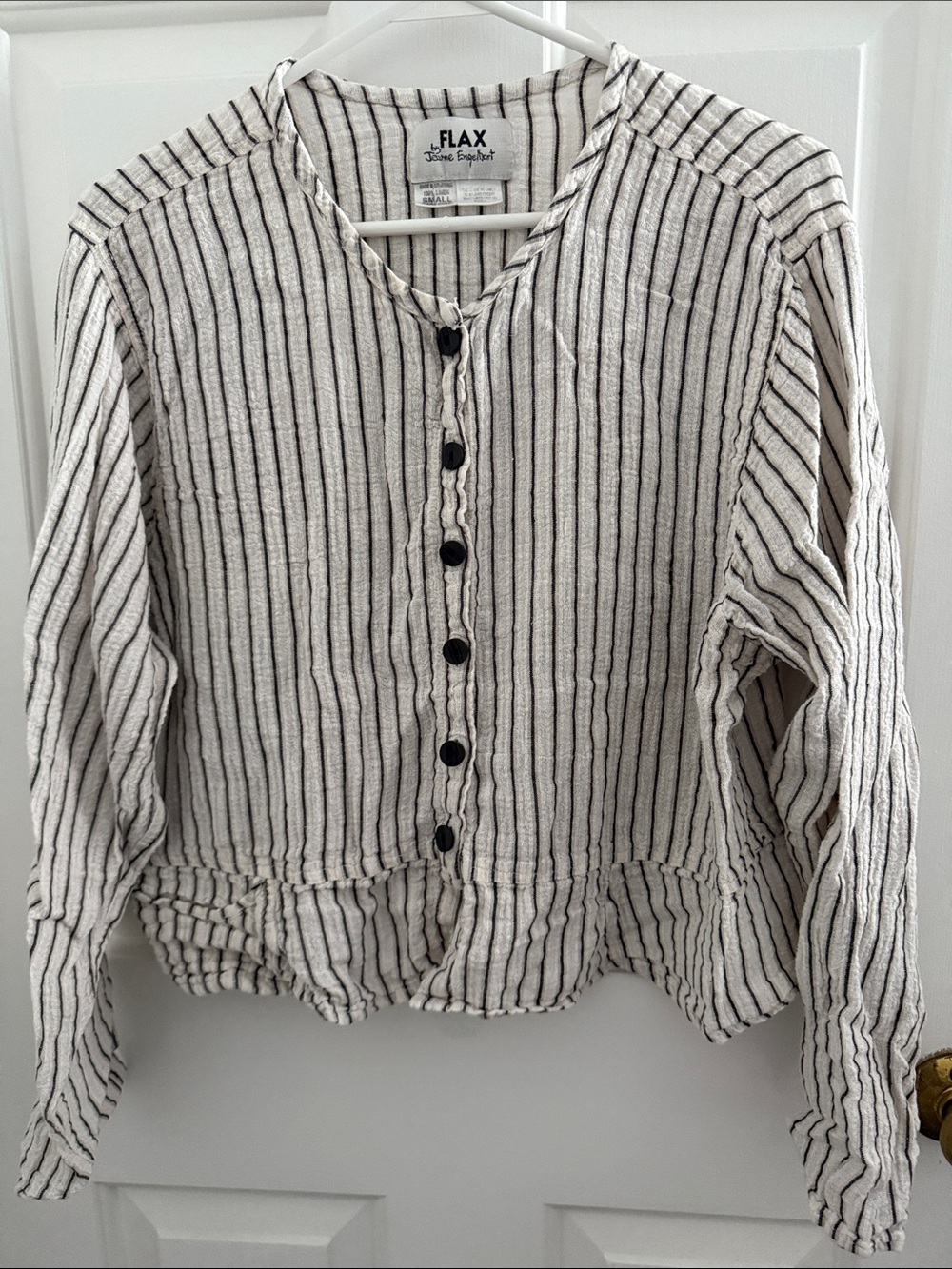 100% Linen Cream & Black Striped Button-Front Women's Top